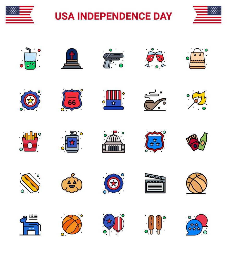 bearbeitbare vektorflach gefüllte linienpackung von usa day 25 einfache flach gefüllte linien von paketen bag gun weinglas bier editierbare usa day vector design elements