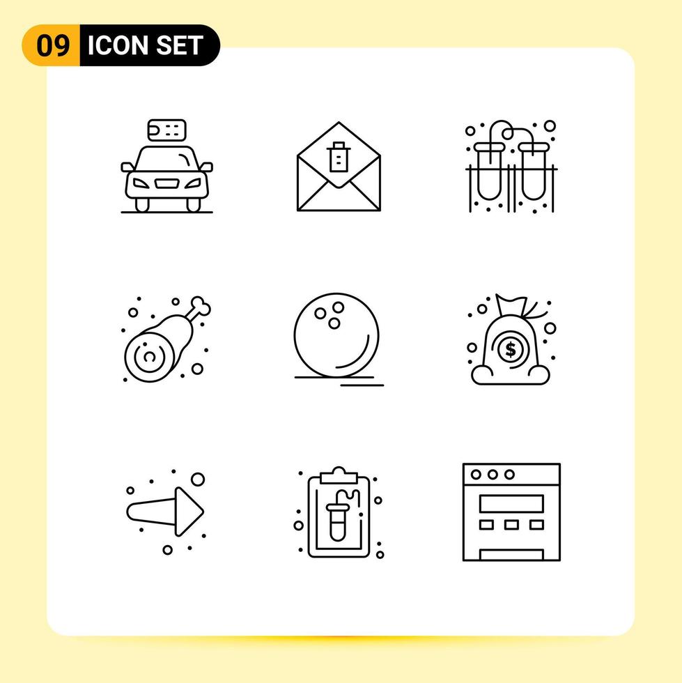 uppsättning av 9 modern ui ikoner symboler tecken för bowling ben experimentera kyckling kycklingben redigerbar vektor design element