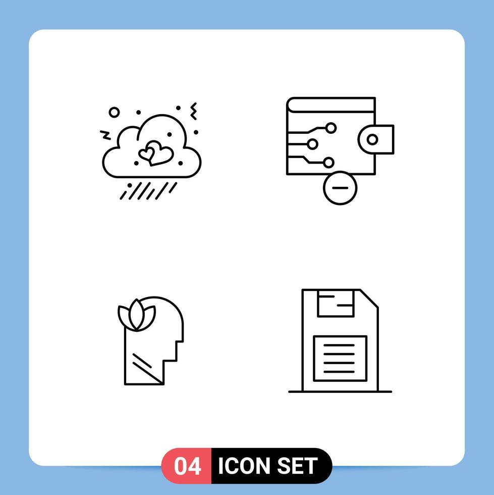moderner Satz von 4 gefüllten flachen Farben und Symbolen wie Cloud Mind Heart Wallet Memory Card editierbare Vektordesign-Elemente vektor