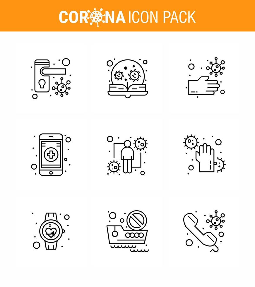 9-zeiliges Virus-Corona-Icon-Pack wie Host-Mobile-App-Virus online ungesundes virales Coronavirus 2019nov-Krankheitsvektor-Designelemente vektor