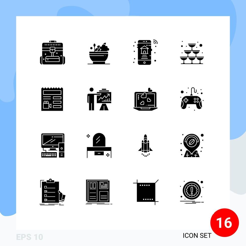 Packung mit 16 modernen soliden Glyphen Zeichen und Symbolen für Web-Printmedien wie grundlegende Party-Heimweinglas-editierbare Vektordesign-Elemente vektor