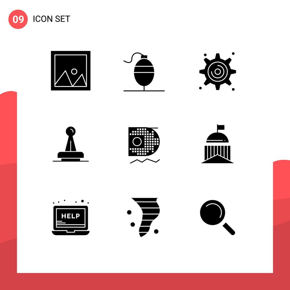Gruppe von 9 soliden Glyphen Zeichen und Symbolen für bearbeitbare Vektordesign-Elemente für Siegelmarken-Zahnrad gesetzliche Genehmigung vektor