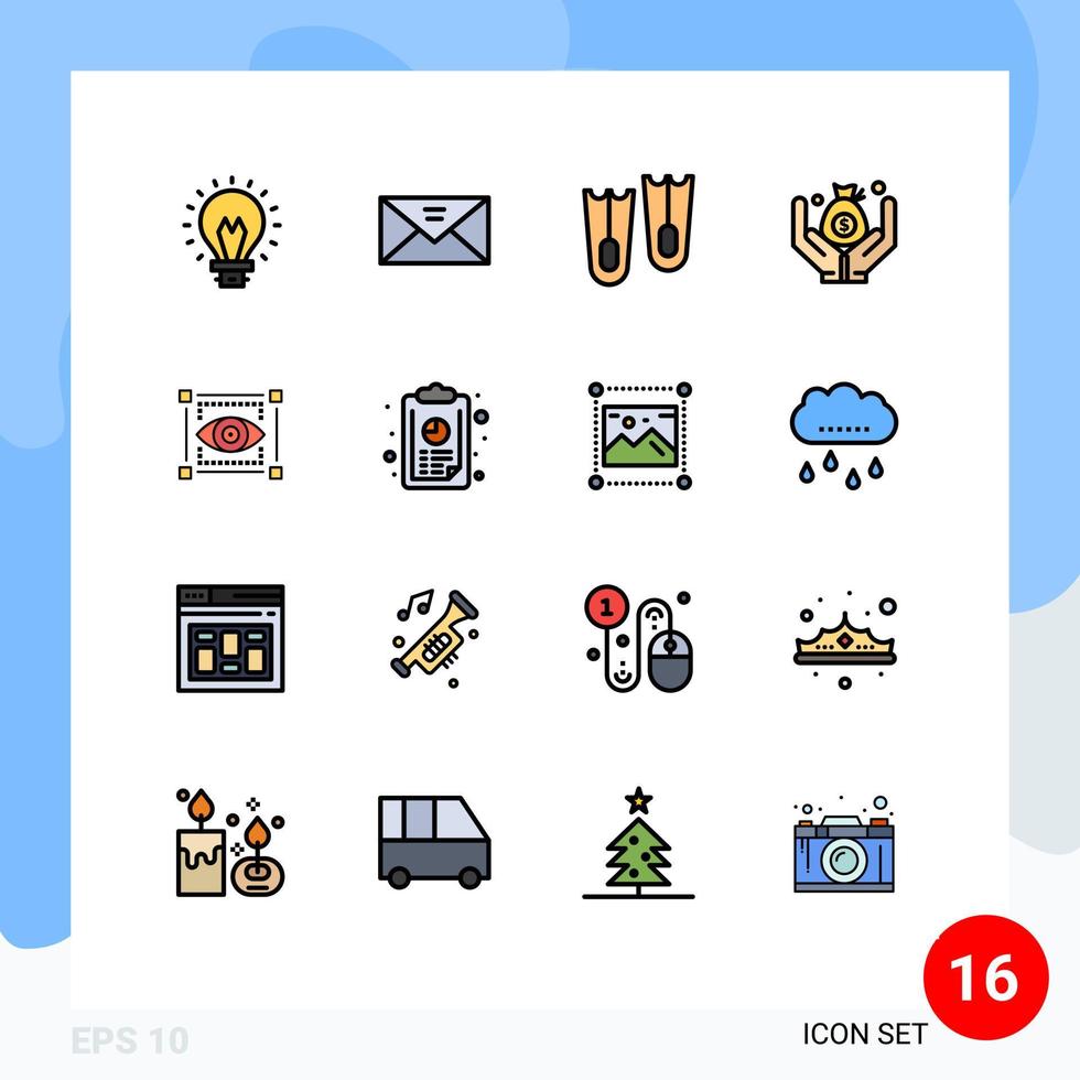 16 tematiska vektor platt Färg fylld rader och redigerbar symboler av skiss visuell multimedia spara försäkring redigerbar kreativ vektor design element