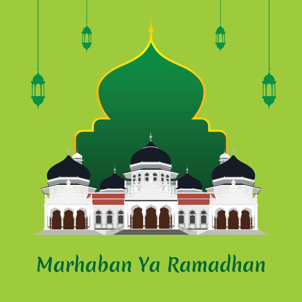 marhaban ya ramadhan gruß begrüßen den heiligen monat ramadhan mit masjid raya baiturrahman aceh vektorillustration, lokalisiert auf grünem hintergrund. vektor