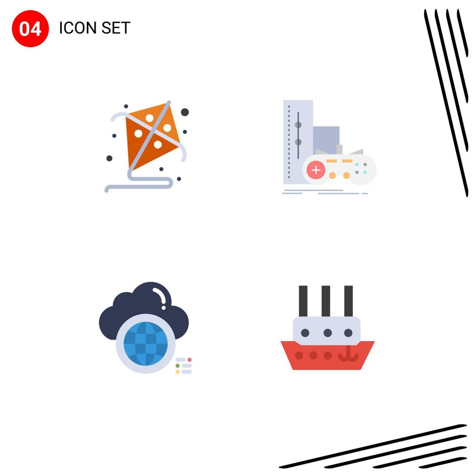 Stock Vector Icon Pack mit 4 Zeilenzeichen und Symbolen für Kite-Computing-Gameplay-Welt editierbare Vektordesign-Elemente