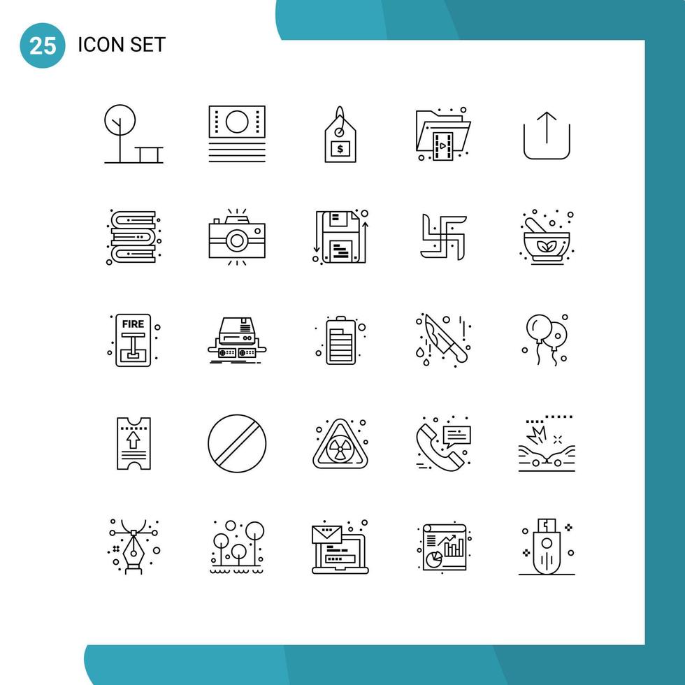 25 Zeilenpaket für Benutzeroberflächen mit modernen Zeichen und Symbolen von Dateien im Video-Dollar-Format, bearbeitbare Vektordesign-Elemente vektor