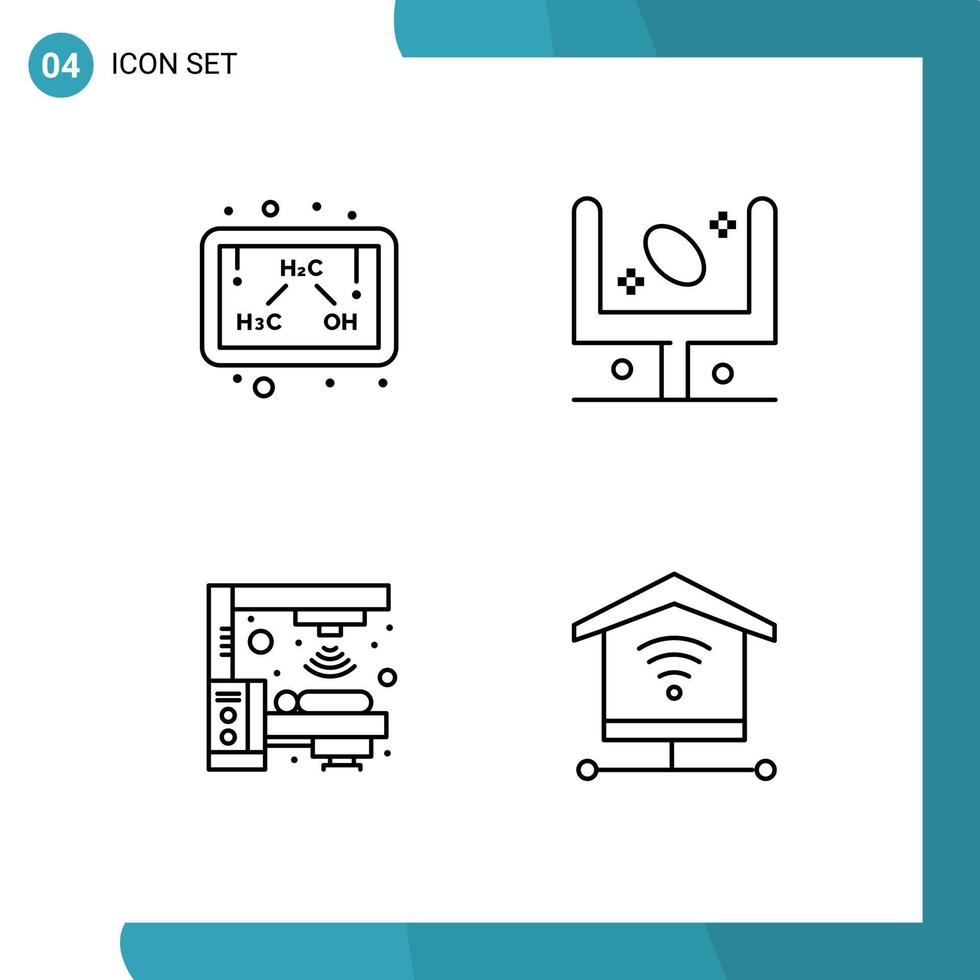 packa av 4 modern fylld linje platt färger tecken och symboler för webb skriva ut media sådan som kemi maskin studie fotboll strålning redigerbar vektor design element