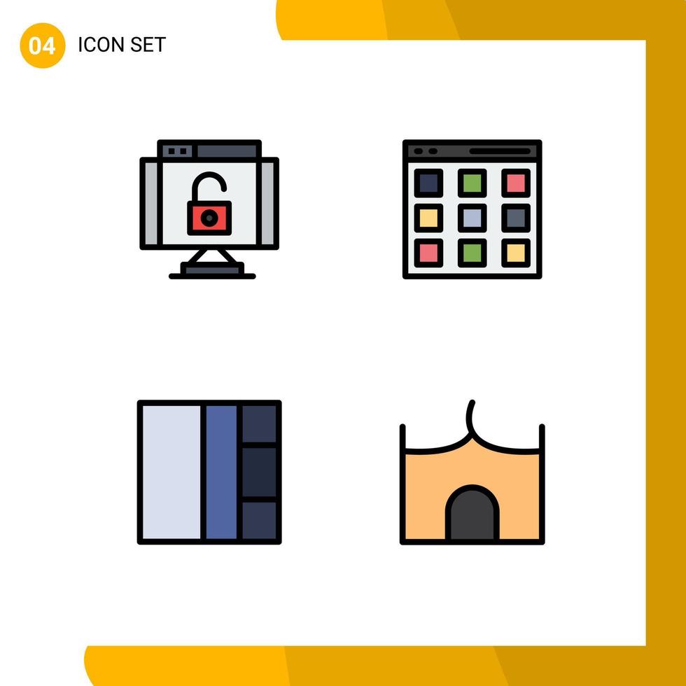 4 universell fylld linje platt färger uppsättning för webb och mobil tillämpningar data layout säkerhet isotop slott byggnad redigerbar vektor design element