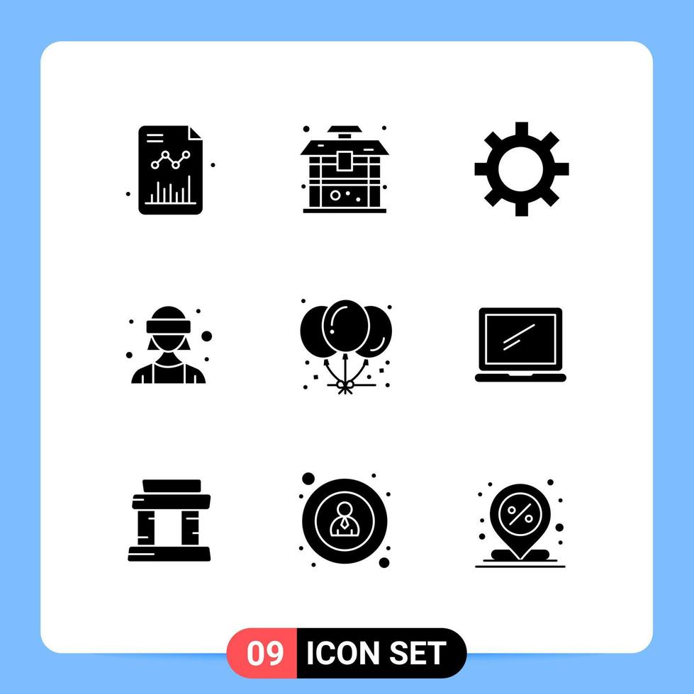 9 användare gränssnitt fast glyf packa av modern tecken och symboler av firande ballonger kugge vr glasögon kvinna avatar redigerbar vektor design element