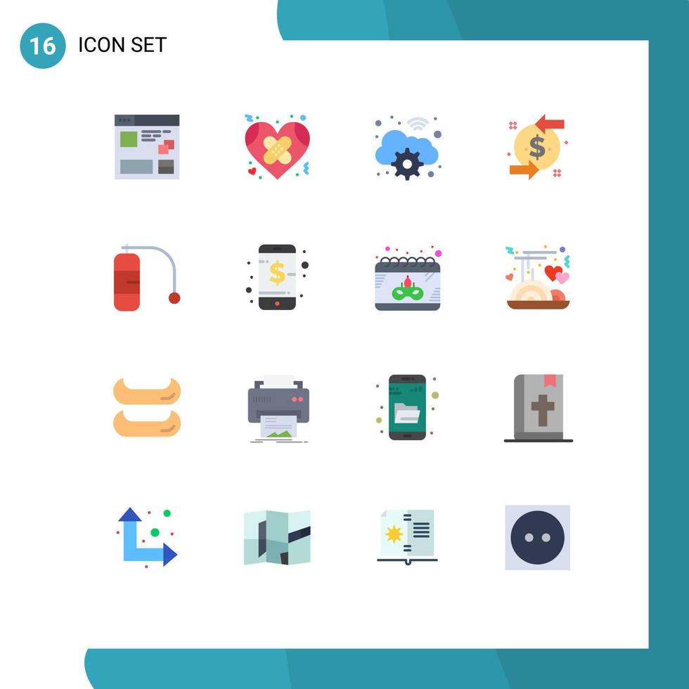 16 flache Farbpakete für die Benutzeroberfläche mit modernen Zeichen und Symbolen für Investitionsrückbuchungen Herz zurück wifi editierbares Paket kreativer Vektordesignelemente vektor