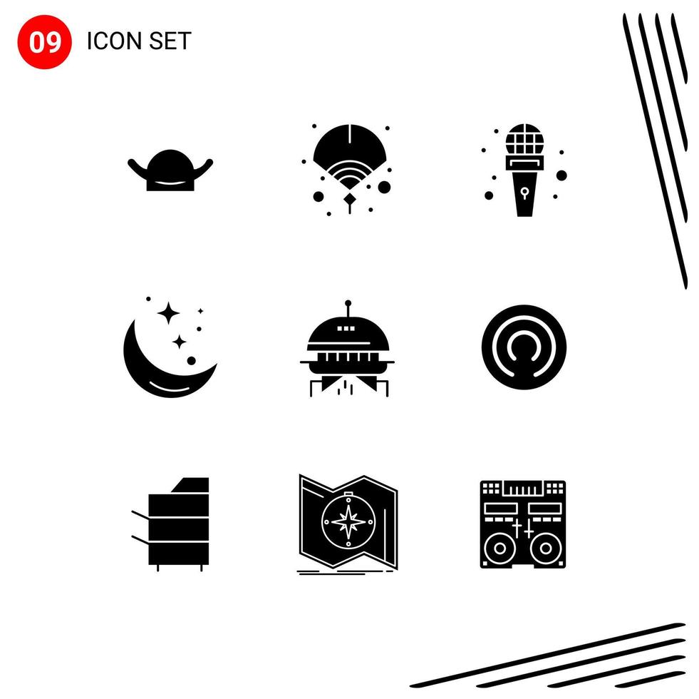 9 solides Glyphenkonzept für mobile Websites und Apps Astronomie-Wetter-Mikrofon-Stern-Mond-editierbare Vektordesign-Elemente vektor