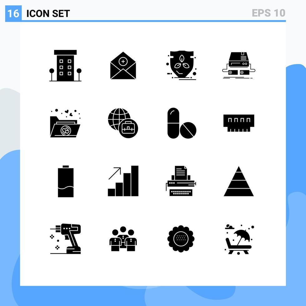 uppsättning av 16 vektor fast glyfer på rutnät för gaming trösta kommunikation skydda energi redigerbar vektor design element