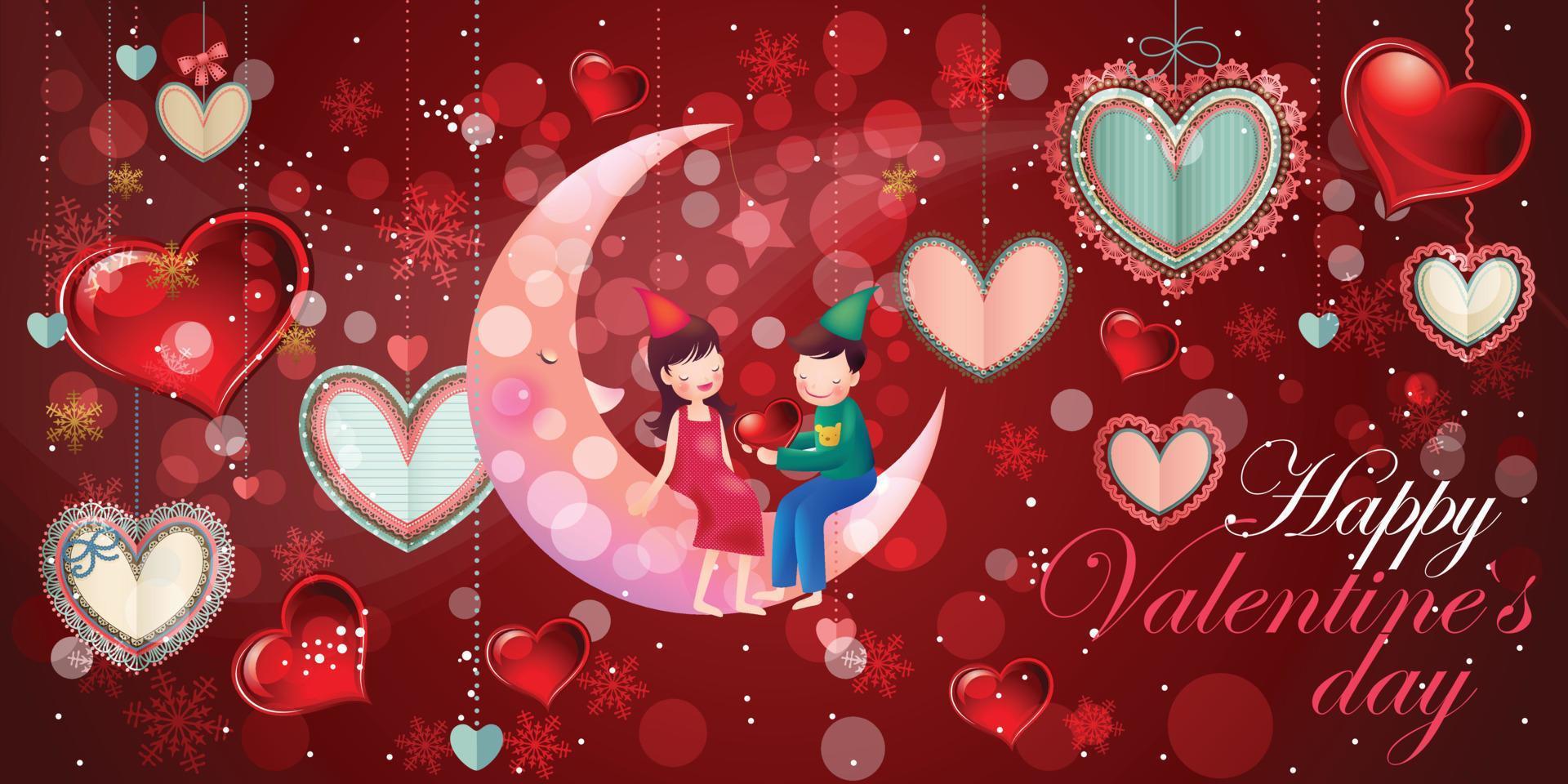 valentine dag baner med ljuv hjärtan bubbla och valentine element på röd bakgrund. vektor