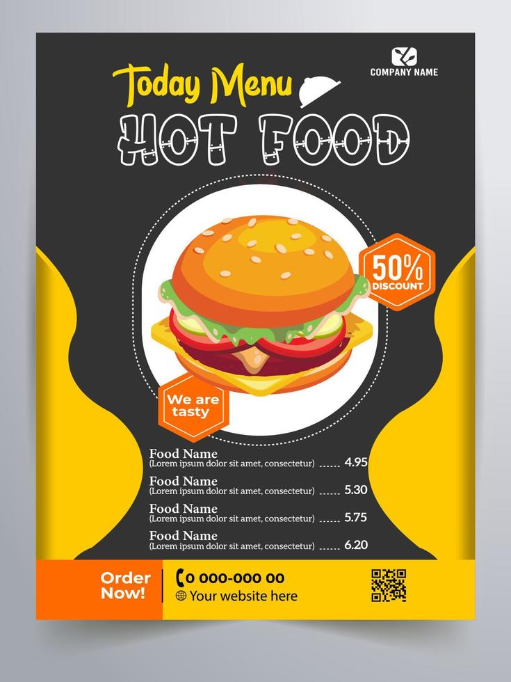 Restaurant köstliches Fast-Food-Flyer-Design. Das heutige chinesische Menü-Cover, Burger-Fast-Food-Broschüre, Vektorvorlage für warme Speisen, Restaurant-Burger-Menü-Buch-Flyer. vektor