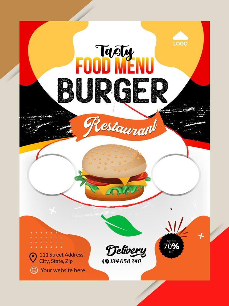 Restaurant köstliches Fast-Food-Flyer-Design. Das heutige chinesische Menü-Cover, Burger-Fast-Food-Broschüre, Vektorvorlage für warme Speisen, Restaurant-Burger-Menü-Buch-Flyer. vektor