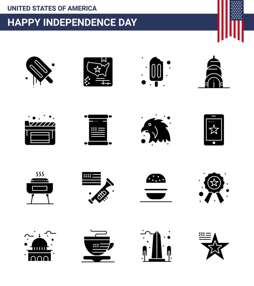 16 solide Glyphenzeichen für Usa-Unabhängigkeitstag-Rollfilme, Eiscreme-Kino, die editierbare Usa-Tag-Vektordesign-Elemente bauen vektor
