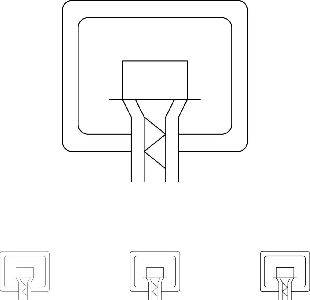 Backboard-Korb-Basketball-Board Fett und dünne schwarze Linie Symbolsatz vektor