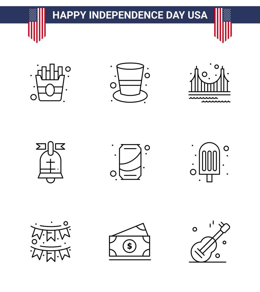 moderner satz von 9 linien und symbolen am usa-unabhängigkeitstag wie can usa gate american ball editierbare usa day vector design elements