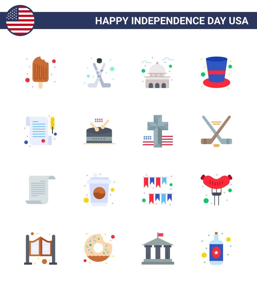 Usa Happy Independence Day Piktogrammsatz von 16 einfachen Wohnungen aus Papierhut Gebäudekappe weiß editierbare Usa Day Vektordesign-Elemente vektor