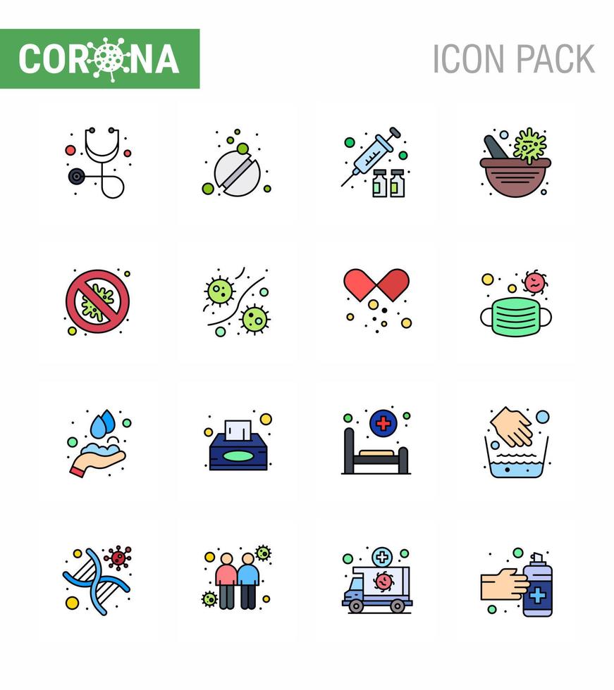 16 flache, farbig gefüllte Linien Coronavirus covid19 Icon Pack wie Sicherheitsbakterienschutzvirus-Impfstoff-Apotheke virales Coronavirus 2019nov-Krankheitsvektor-Designelemente vektor