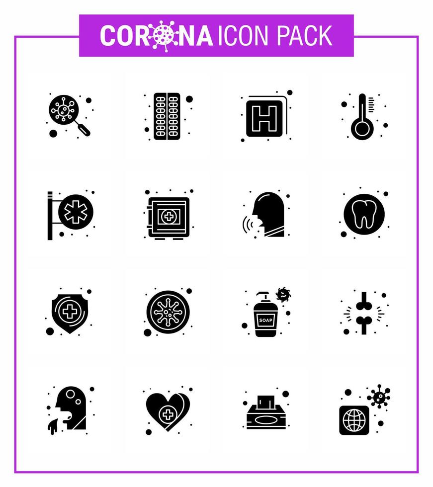 Coronavirus-Bewusstseinssymbol 16 solide Glyphe schwarze Symbole Symbol enthalten Krankenhausschild Thermometer Pille Temperatur Gesundheitswesen virales Coronavirus 2019nov Krankheitsvektor-Designelemente vektor