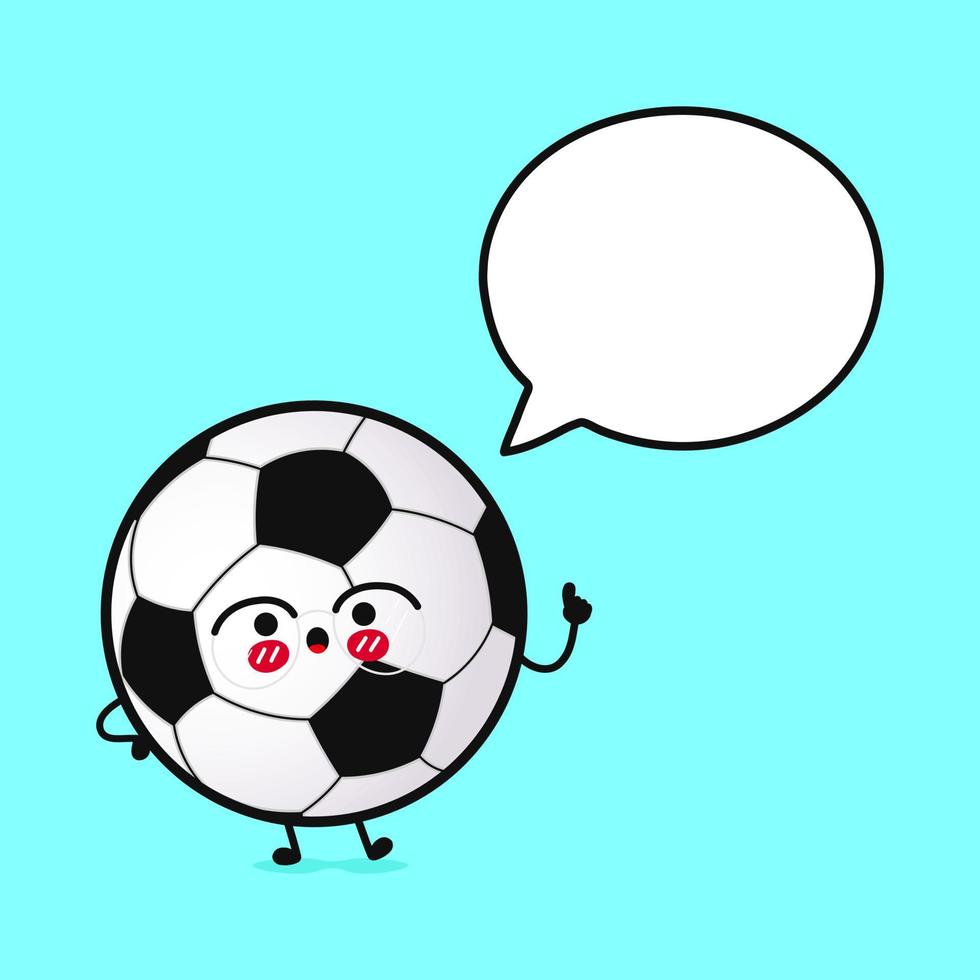 süßer lustiger Fußball mit Sprechblase. vektor hand gezeichnete karikatur kawaii charakter illustration symbol. isoliert auf blauem Hintergrund. Fußball-Charakter-Konzept