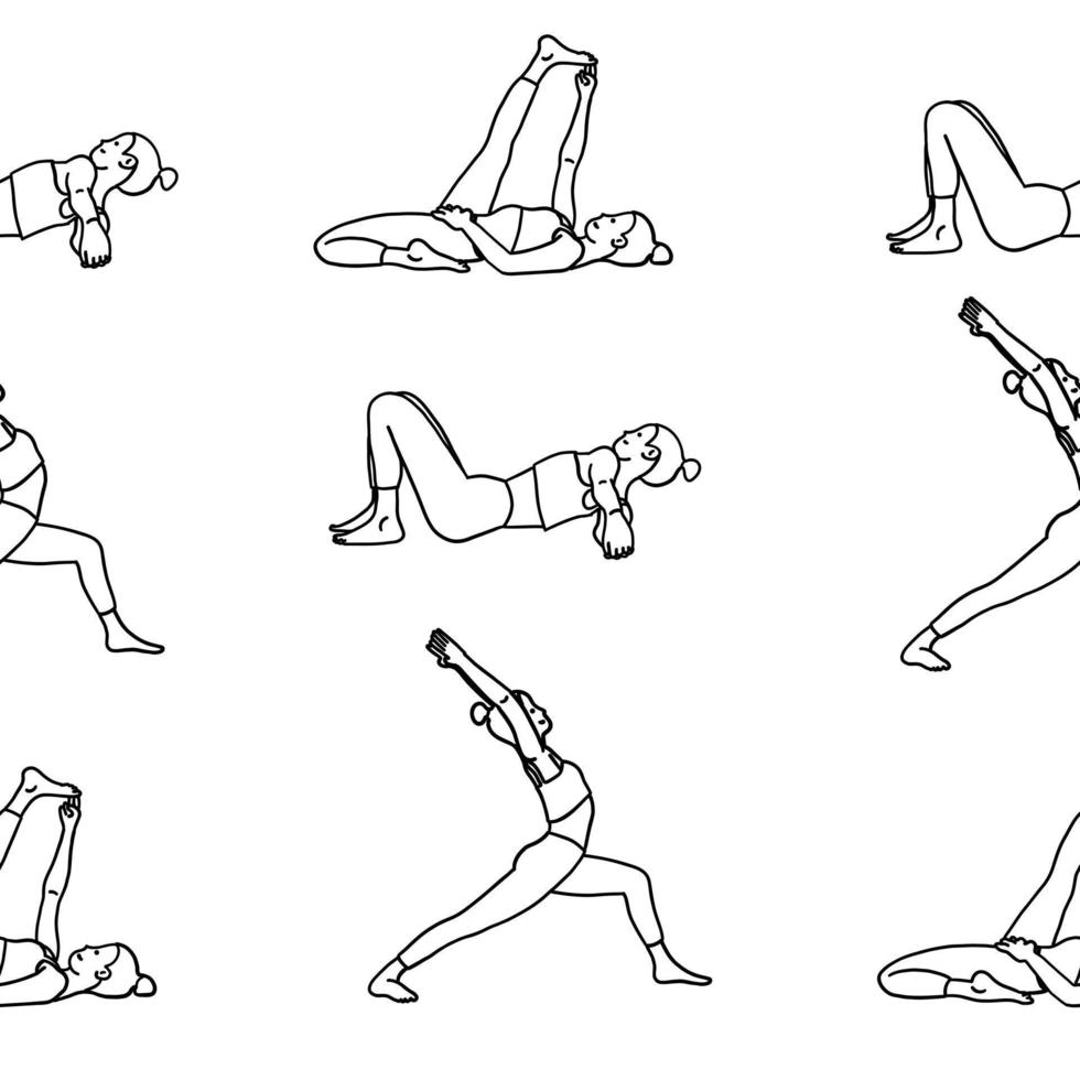 nahtlose Mustertapete. Yoga-Posen-Sammlung. Schwarz und weiß. weibliches frau mädchen. Vektor-Illustration im Umriss-Stil isoliert auf weißem Hintergrund. vektor
