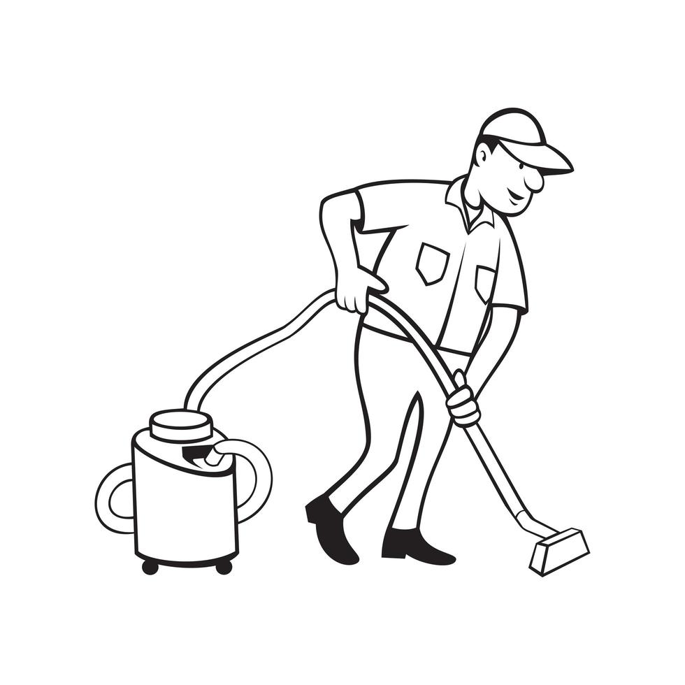 kommersiell mattan renare arbetare dammsugning med vakuum tecknad svartvitt vektor