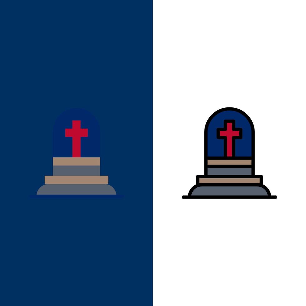 Tod Grab Grabstein Rip Symbole flach und Linie gefüllt Icon Set Vektor blauen Hintergrund
