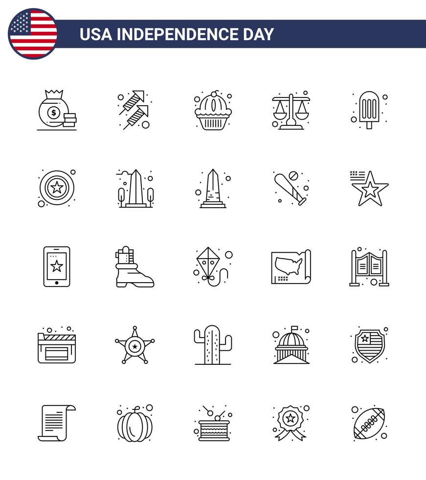 packa av 25 kreativ USA oberoende dag relaterad rader av mat skala amerikan lag domstol redigerbar USA dag vektor design element