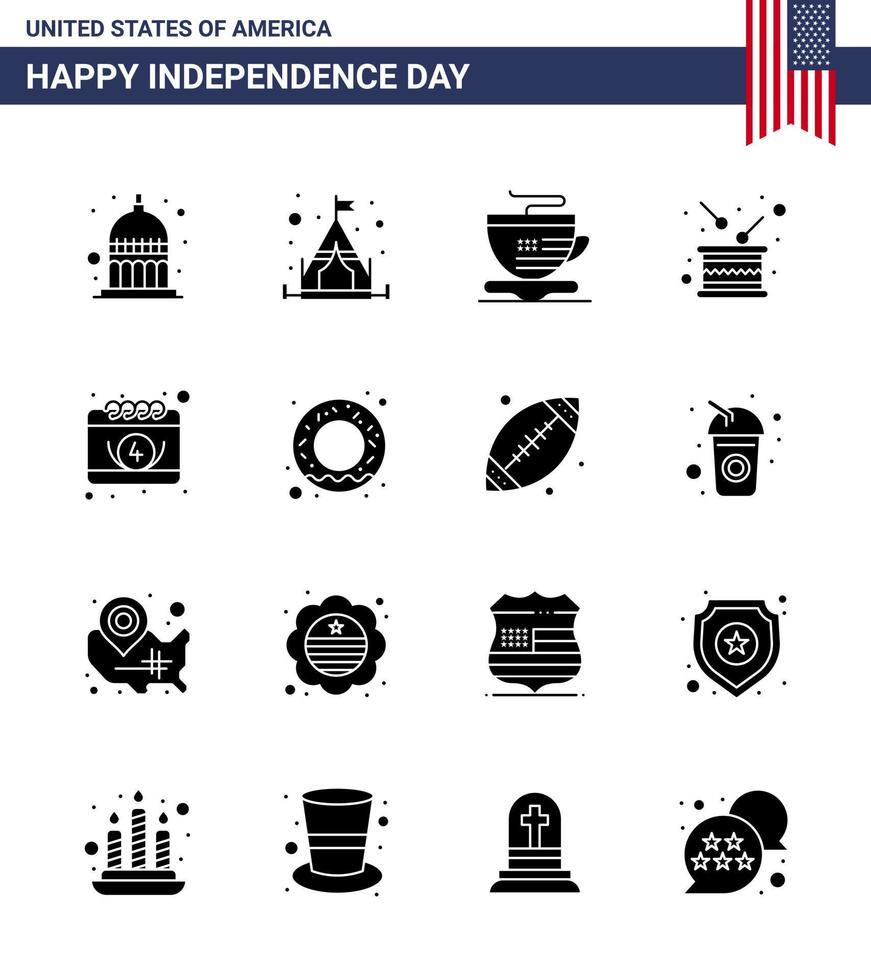 Happy Independence Day Pack mit 16 soliden Glyphen Zeichen und Symbolen für Datum American Cup Unabhängigkeitsurlaub editierbare Usa-Tag-Vektordesign-Elemente vektor