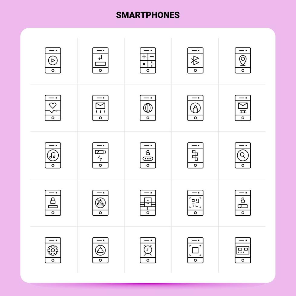 Umriss 25 Smartphones Symbolsatz Vektor Linienstil Design schwarze Symbole Set lineares Piktogrammpaket Web und mobile Geschäftsideen entwerfen Vektorillustration