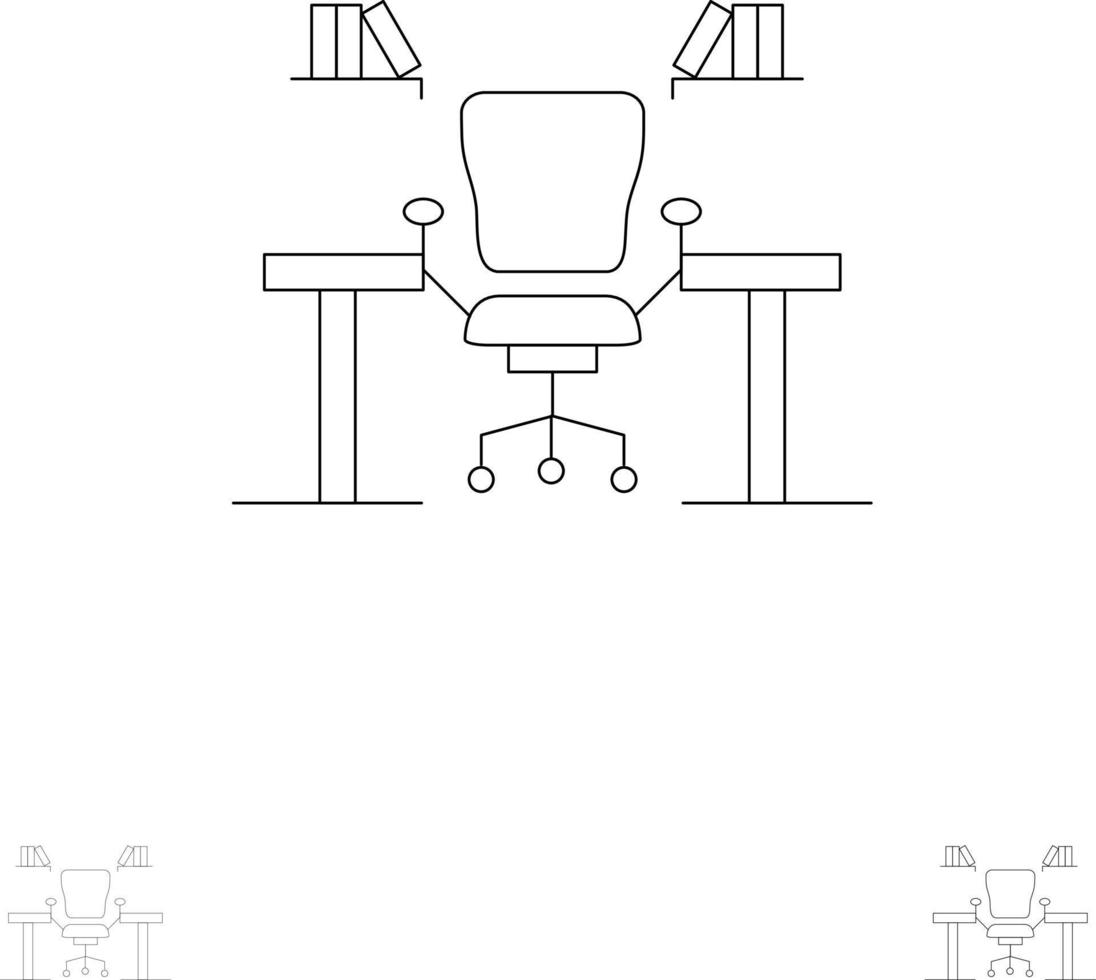 tabell företag stol dator skrivbord kontor arbetsplats djärv och tunn svart linje ikon uppsättning vektor