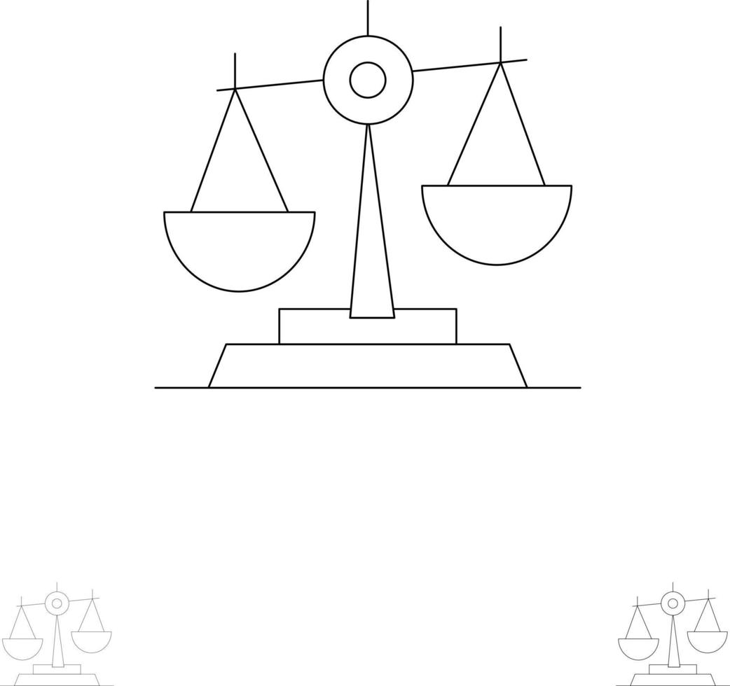 balans domstol bedöma rättvisa lag Rättslig skala skalor djärv och tunn svart linje ikon uppsättning vektor