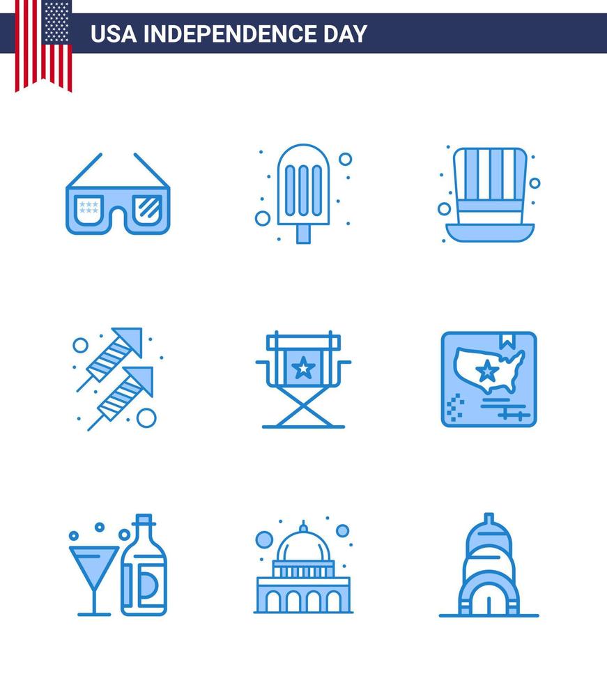 4. juli usa glücklich unabhängigkeitstag symbol symbole gruppe von 9 modernen blues of filme stuhl hut schießen feuer editierbare usa tag vektor design elemente