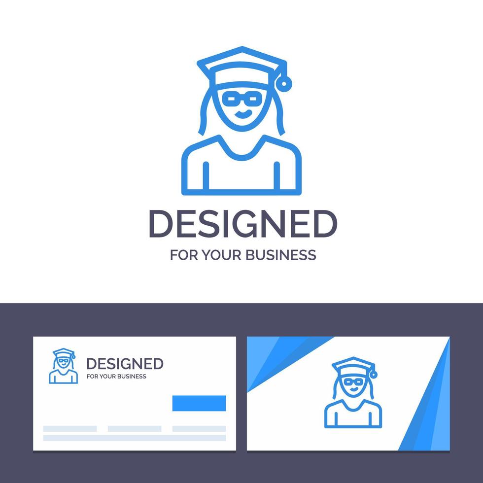 kreativ företag kort och logotyp mall keps utbildning gradering kvinna vektor illustration
