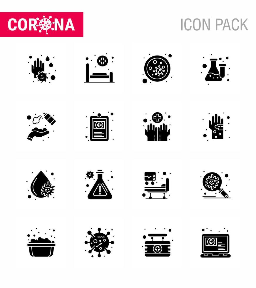 Corona-Virus-Krankheit 16 Solid Glyph Black Icon Pack saugt als Testlabor-Bakterium-Kolben-Virus virales Coronavirus 2019nov-Krankheitsvektor-Designelemente vektor