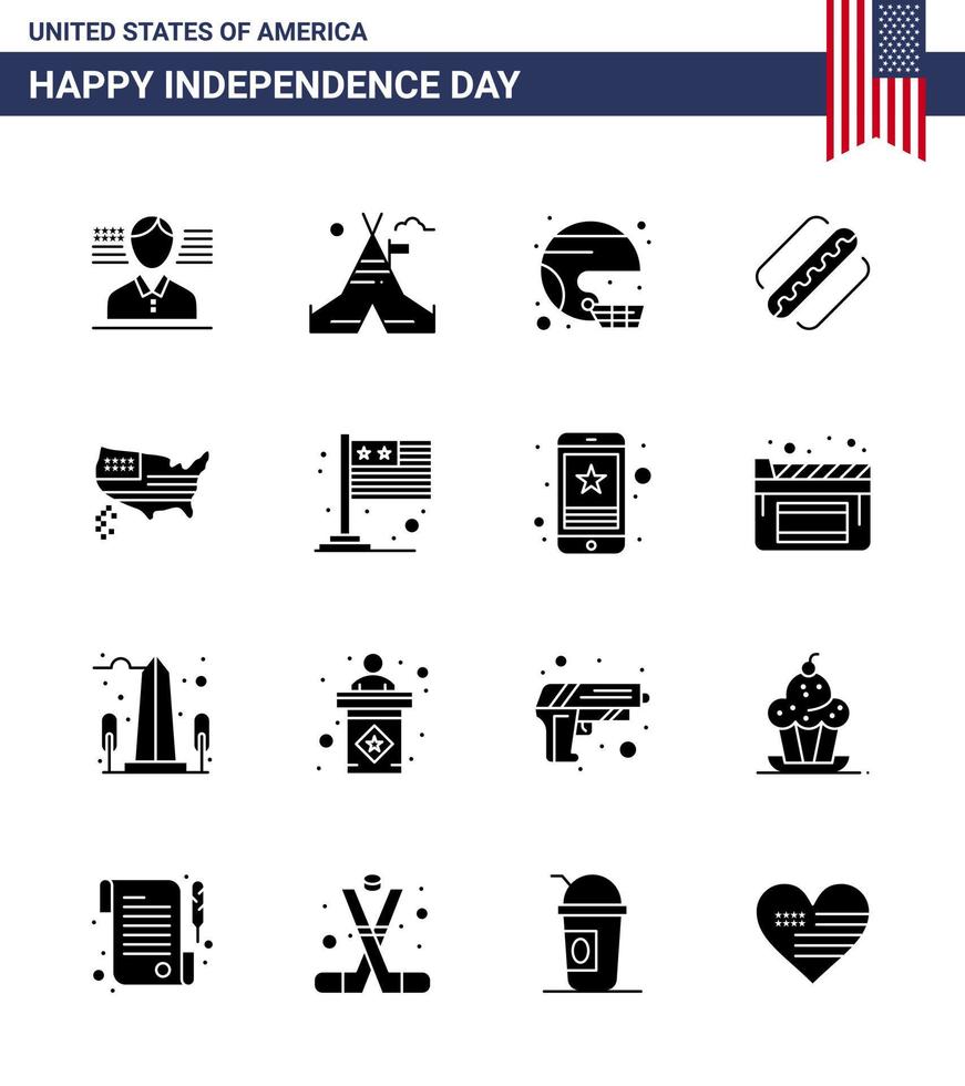 Lycklig oberoende dag 4:e juli uppsättning av 16 fast glyfer amerikan pictograph av amerikan varmkorv fotboll amerikan förenad redigerbar USA dag vektor design element