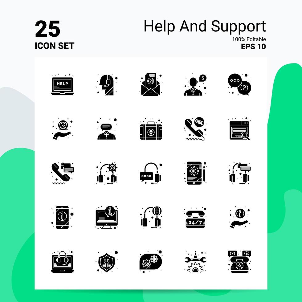 25 Hilfe- und Support-Icon-Set 100 bearbeitbare eps 10-Dateien Business-Logo-Konzeptideen solides Glyphen-Icon-Design vektor