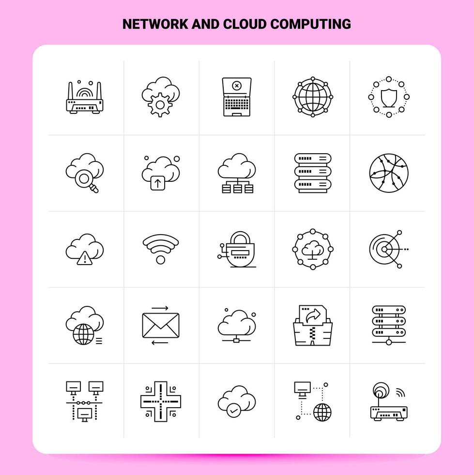 översikt 25 nätverk och moln datoranvändning ikon uppsättning vektor linje stil design svart ikoner uppsättning linjär piktogram packa webb och mobil företag idéer design vektor illustration