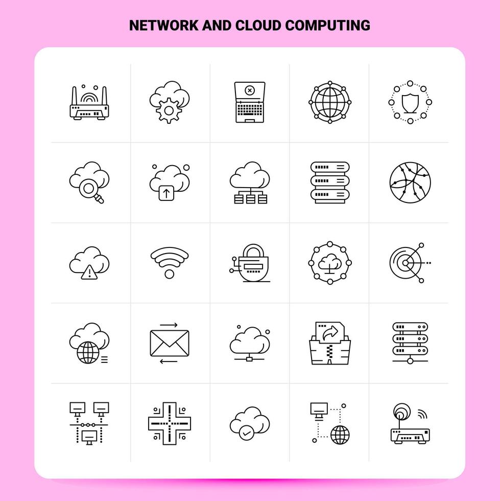 Umriss 25 Netzwerk- und Cloud-Computing-Icon-Set Vektor-Linienstil-Design schwarze Symbole setzen lineares Piktogrammpaket Web- und mobile Geschäftsideen entwerfen Vektorillustration vektor