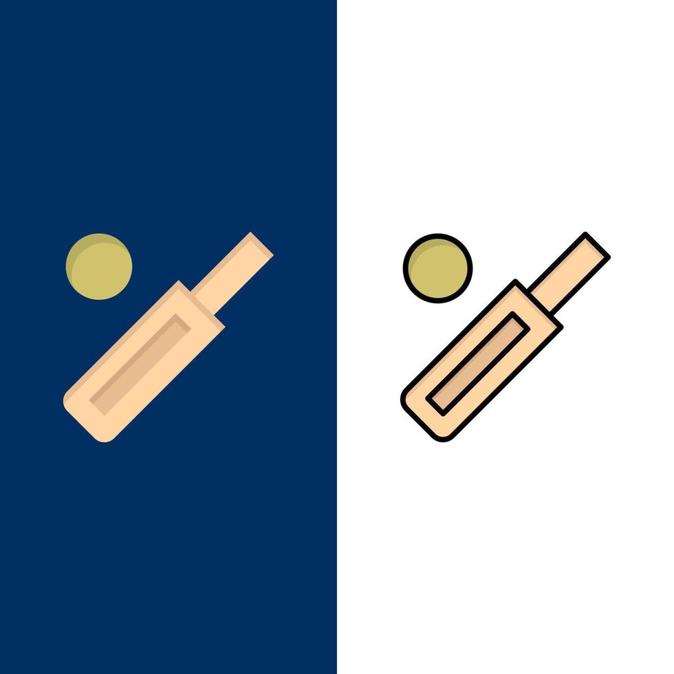 australien ball bat cricket sport symbole flach und linie gefüllt icon set vektor blauen hintergrund