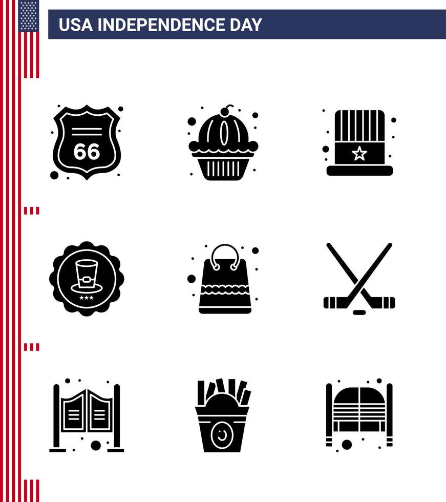 Happy Independence Day Pack mit 9 soliden Glyphen Zeichen und Symbolen für Geld USA amerikanisches Zeichen Glas editierbare USA Tag Vektor Design Elemente