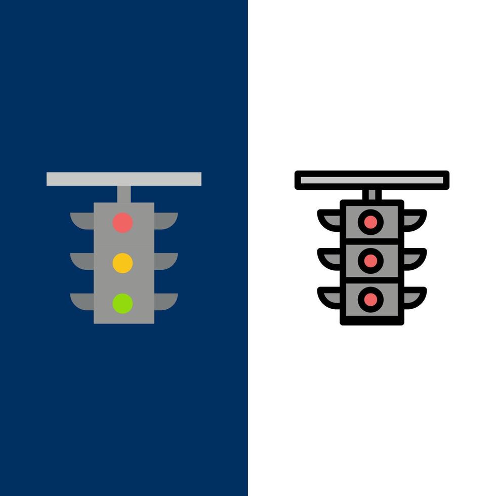 Lichtschild Station Verkehr Zug Symbole flach und Linie gefüllt Icon Set Vektor blauen Hintergrund