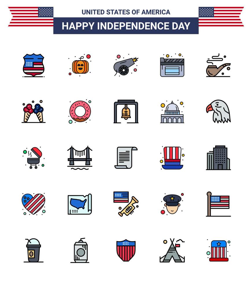 Happy Independence Day Pack mit 25 flach gefüllten Linien Zeichen und Symbolen für Eiscreme-Rauchkanonen-Rohrfilme editierbare usa-Tag-Vektordesign-Elemente vektor