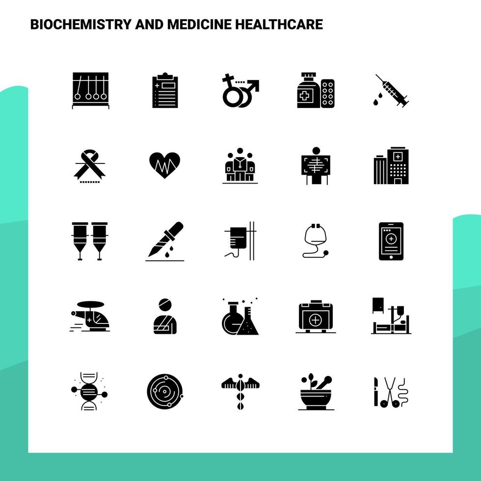 25 Symbolsatz für Biochemie und Medizin im Gesundheitswesen Solide Glyphensymbolvektor-Illustrationsvorlage für Web- und mobile Ideen für Unternehmen vektor