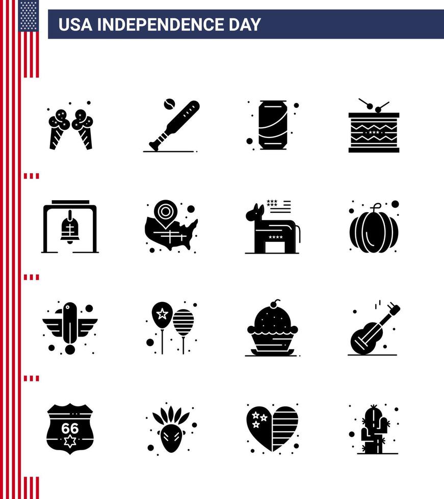 editierbarer Vektor solides Glyphenpaket des usa-tages 16 einfache solide glyphen des stirischen usa-instruments cola editierbare usa-tag-vektordesignelemente