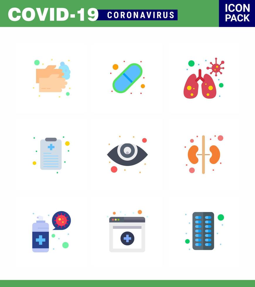 9 flache Farb-Coronavirus-Epidemie-Icon-Packs saugen, da Augenheilkunde-Pillen für die Augenpflege Gesundheitsdiagramme für Virus-Coronavirus 2019nov-Krankheitsvektor-Designelemente melden vektor