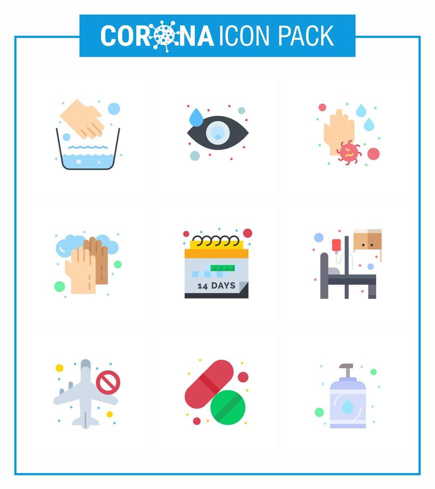 Coronavirus-Bewusstseinssymbol 9 flache Farbsymbole Symbol enthalten Ereignis Waschen der Hand medizinisches Gesundheitswesen virales Coronavirus 2019nov Krankheitsvektor-Designelemente vektor