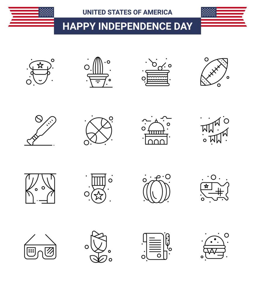16 USA linje tecken oberoende dag firande symboler av baseboll USA trumma sport boll redigerbar USA dag vektor design element